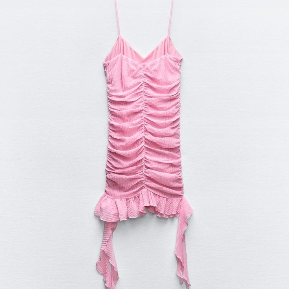 Zara Pink Ruffle Ruched Spaghetti-Strap Mini Dress - Picture 12 of 15